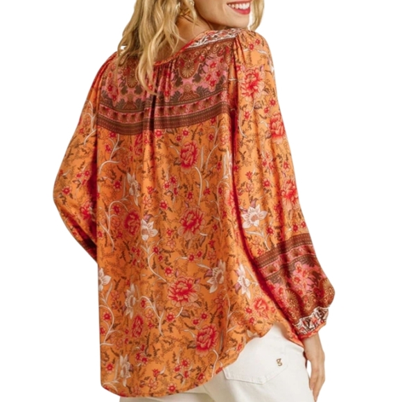 Orange Floral Peasant Top Lightweight Festival Flowy Rayon Blouse By Umgee Sz M - Picture 6 of 11